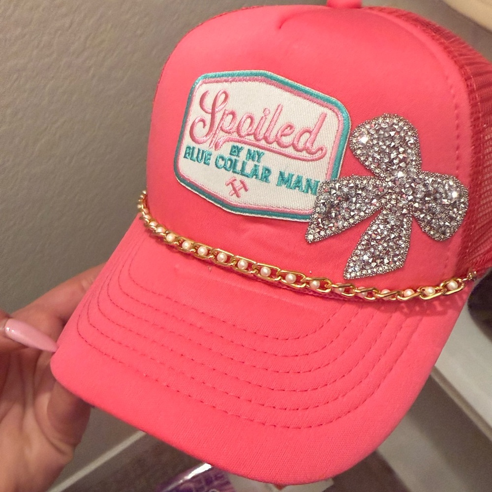 Spoiled By My Blue Collar Man Trucker Hat Rhinestone  boutique Western festival - Picture 2 of 2